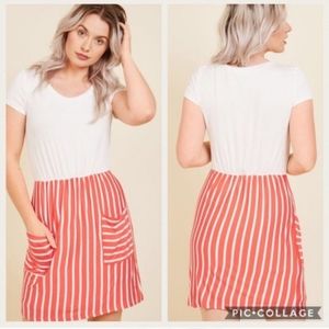 Fervour Modcloth White Coral Stripes Pocket Dress